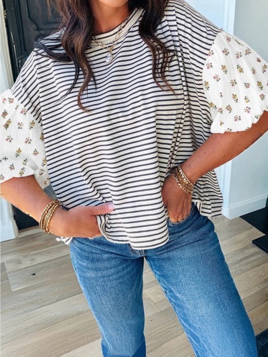 Tops - Striped Black & White Puff Sleeve Top with Floral Sleeves